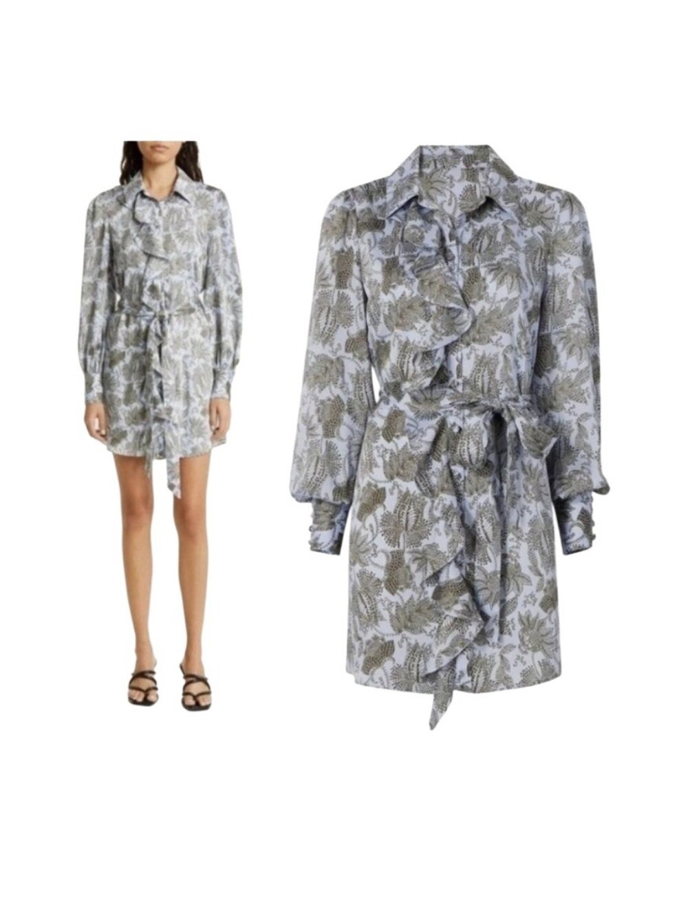 Cinq à Sept Charley Shirtdress Long Sleeve Botanical Print Frost Black Size 6